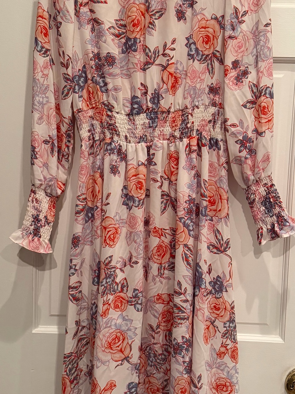 Nanette Lepore Pink and Blue Floral Smocked Waist Mock Neck Midi Dress